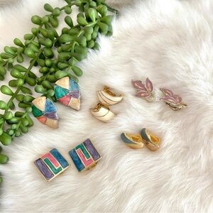 Vintage Bundle of Clip On Earrings Set of 5 Pairs Pastel Resin Gold Tone